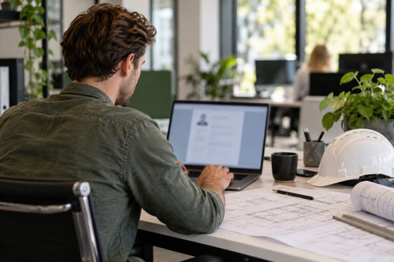 Technisch kandidaat stelt een cv op met een laptop