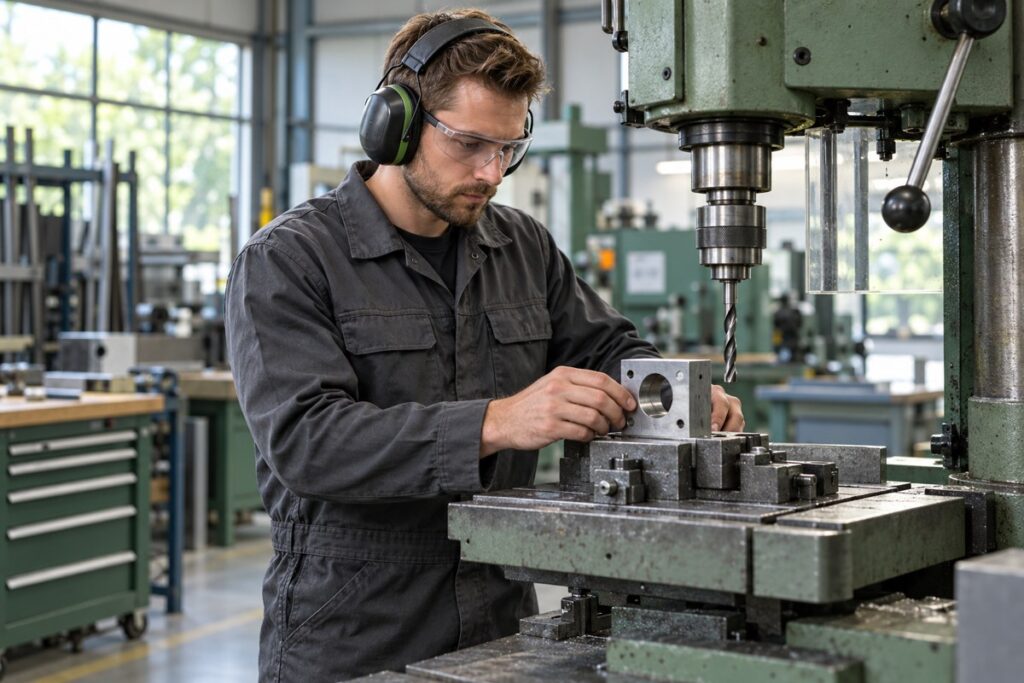 Technisch medewerker met gehoorbescherming en veiligheidsbril bij een boorwerkstation