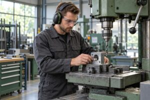 Technisch medewerker met gehoorbescherming en veiligheidsbril bij een boorwerkstation