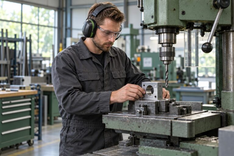 Technisch medewerker met gehoorbescherming en veiligheidsbril bij een boorwerkstation