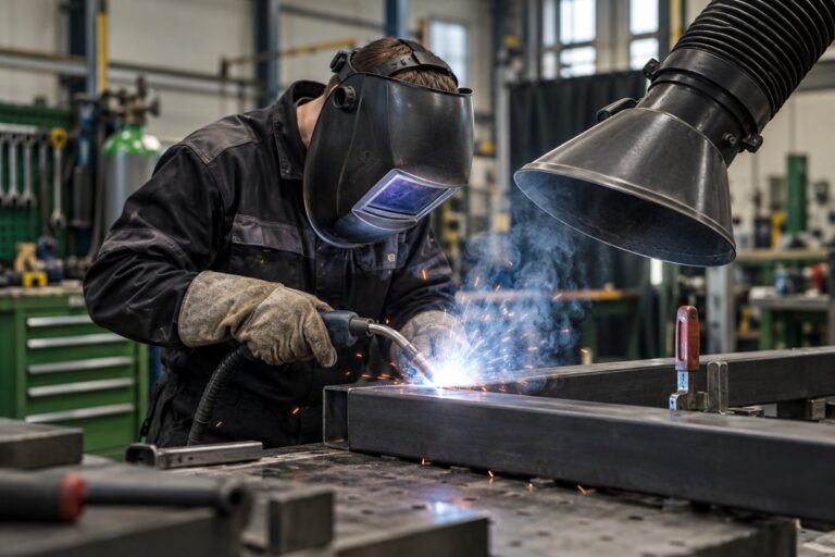 Lasser aan het werk met lokale lasrookafzuiging in een werkplaats