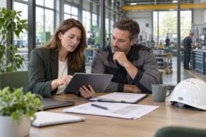 HR-medewerker en technisch leidinggevende bespreken personeelsleveranciers en de Wtta